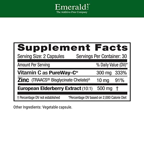 EMERALD LABS Elderberry Plus - Digestive & Immune Support with European Elderberry Extract, Vitamin C as PureWay-C & Albion Chelated Zinc - Vegan & Gluten-Free - 60 Vegetable Capsules (30-Day Supply)