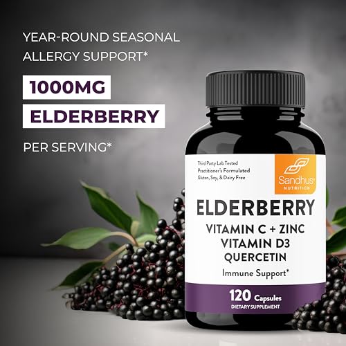Elderberry Vitamin C and Zinc 120 Capsules | with Quercetin and Vitamin D3 | Immune Support for Adults | Herbal Supplement for Men and Women | 2 Months Supply | Natural Immunity Booster