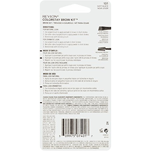 Revlon ColorStay Brow Kit, Includes Longwear Brow Powder, Clear Pomade, Dual-Ended Angled Tip Eyebrow Brush & Spoolie Brush, Soft Black (101), 0.08 oz