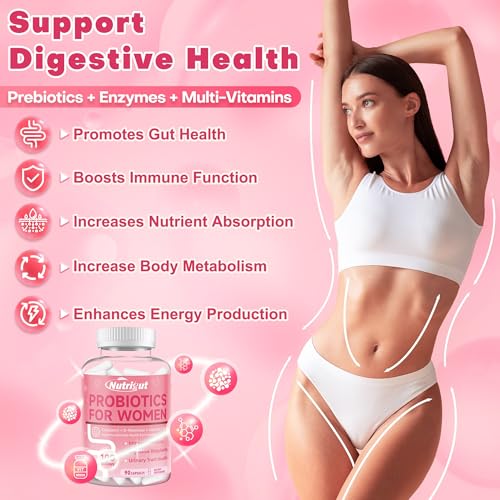 Probiotics for Women 100 Billion CFUs Probiotic and Prebiotics with Digestive Enzymes for Gut Health, Vaginal Probiotics with Cranberry and D-Mannose for Urinary Tract Health, pH Balance, 90 Capsules