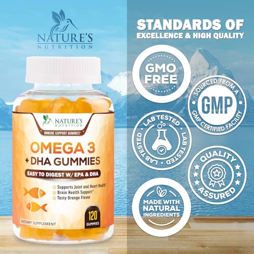 Omega 3 Fish Oil Gummies, Heart Healthy Omega 3 Gummy Supplement with High Absorption DHA & EPA, Extra Strength Joint & Brain Support, Omega 3 Fish Oil Nature's Vitamin, Orange Flavor - 120 Gummies