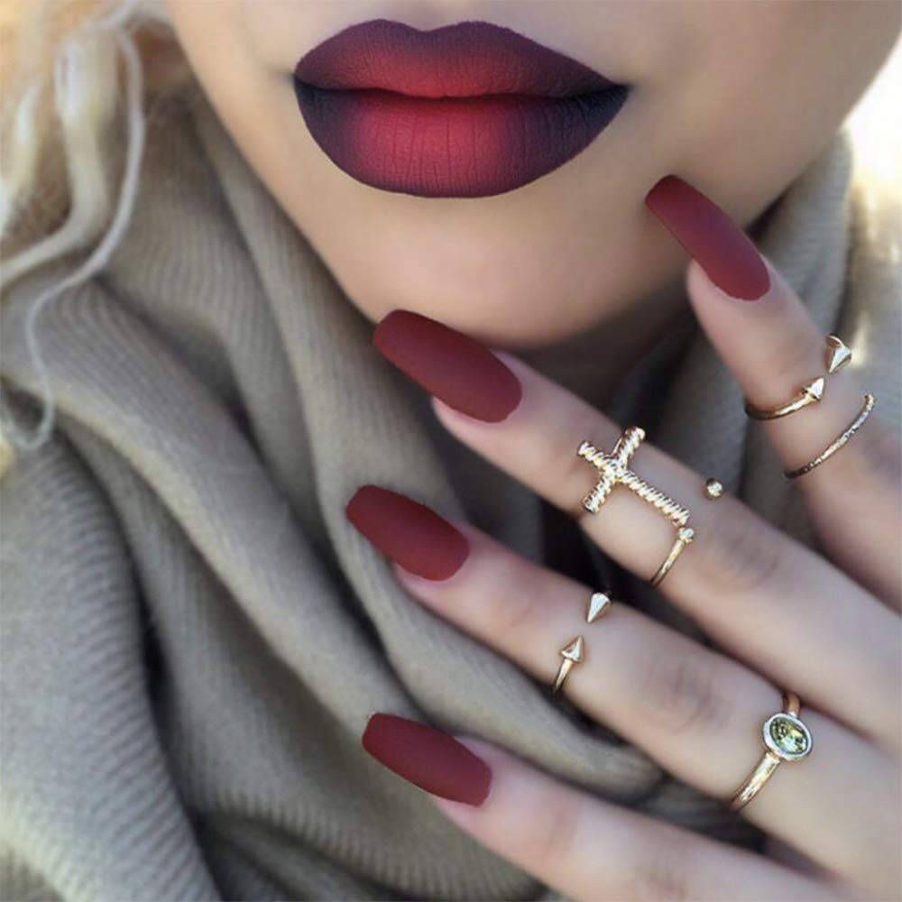 Aimimier 24Pcs Ballerina Matte False Nail Medium Pure Color Full Cover Square Coffin Nails with Glue Sticker Boho Clip on Nails Art Tips Set for Women and Girls (Burgundy)