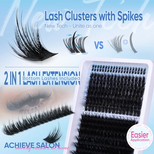 CORUSCATE Spikes Lash Clusters with Bottom Lashes 160D+260D Cluster Eyelash Extensions 3D Volume Individual Lashes Wispy 12-22mm Long Cluster Lashes Spiky Mega Dramatic Full Look Strip Lash Extension