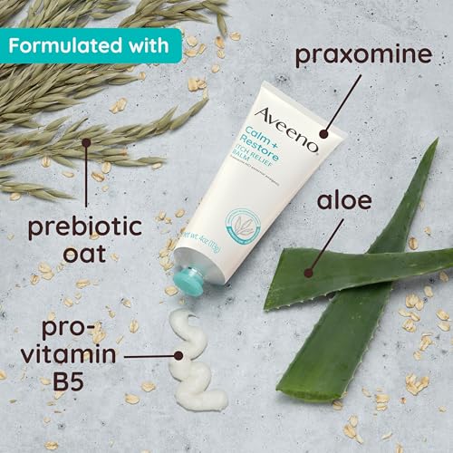 Aveeno Calm + Restore Itch Relief Body Balm for Sensitive, Delicate Skin, Pramoxine HCl Anti Itch Balm with Prebiotic Oat, Aloe & Pro-Vitamin B5 to Sooth Skin, Fragrance Free, 4 oz