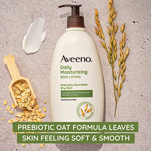Aveeno Daily Moisturizing Body Lotion with Soothing Prebiotic Oat, Gentle Lotion Nourishes Dry Skin With Moisture, Paraben-, Dye- & Fragrance-Free, Non-Greasy & Non-Comedogenic, 18 oz, 2 Pack