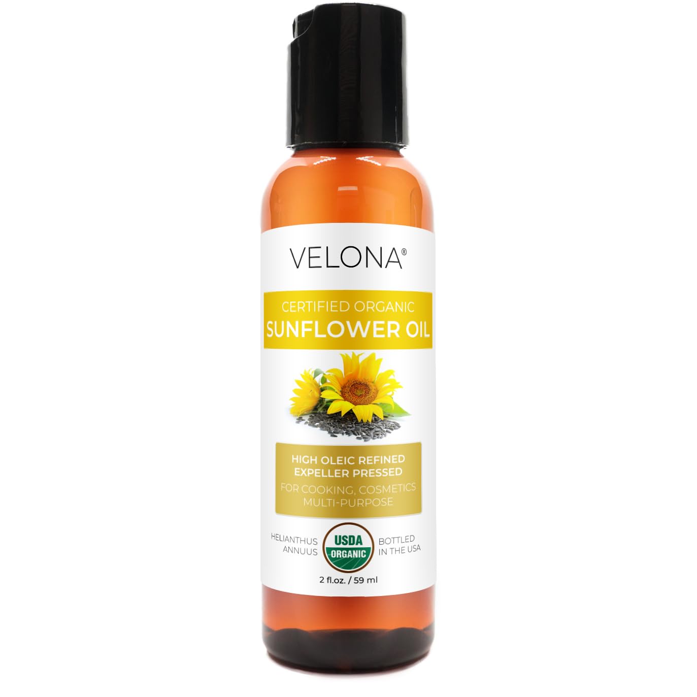 velona USDA Certified Organic Sunflower Oil - 2 fl oz | 100% Pure and Natural Carrier Oil | High Oleic, Refined, Expeller Pressed | Cooking, Skin, Hair, Body & Face Moisturizing