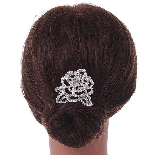 Bridal/Wedding/Prom/Party Rhodium Plated Clear Austrian Crystal Sculptured Rose Hair Comb - 55mm