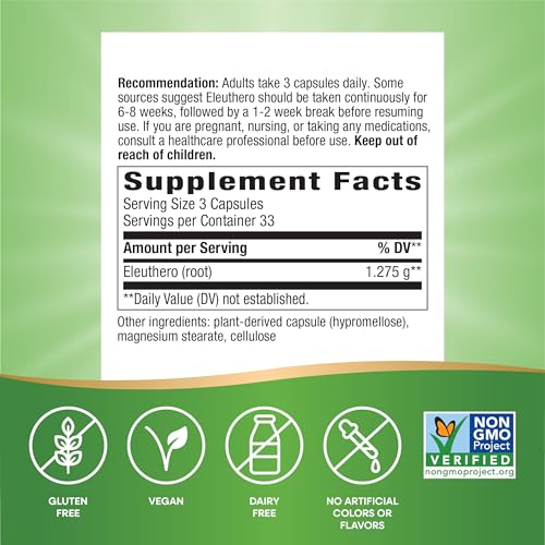 Nature's Way Premium Herbal Siberian Eleuthero Root Supplement, Supports Endurance & Vitality*, Adaptogen*, 1,275mg per 3-Capsule Serving, Non-GMO Project Verified, 100 Capsules (Packaging May Vary)