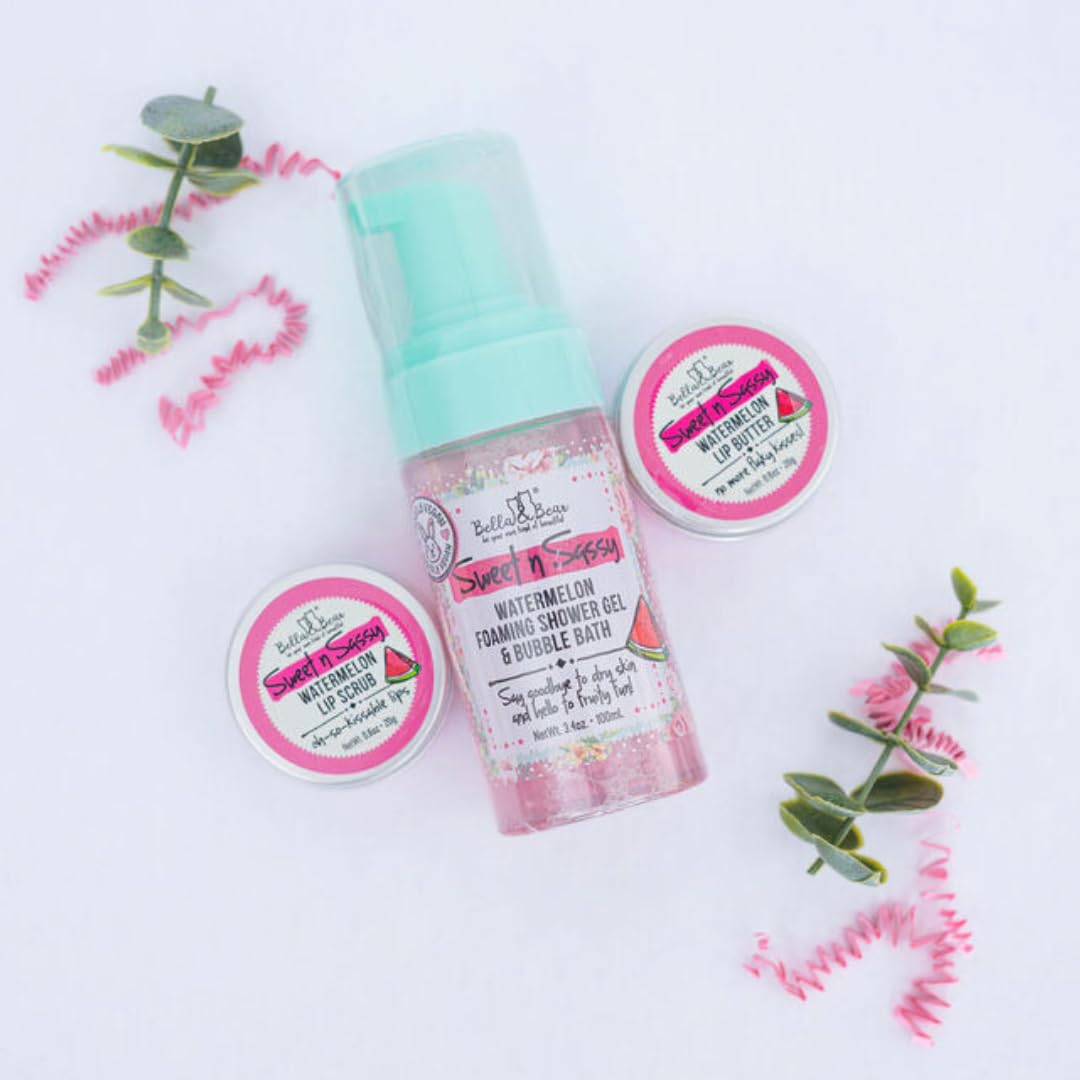 Bella & Bear Sweet 'n; Sassy Mini Bath & Body Gift Set with 2 in1 Foaming Shower Gel & Bubble Bath, Lip Scrub, Lip Butter -Easter gifts or Mothers Day basket.