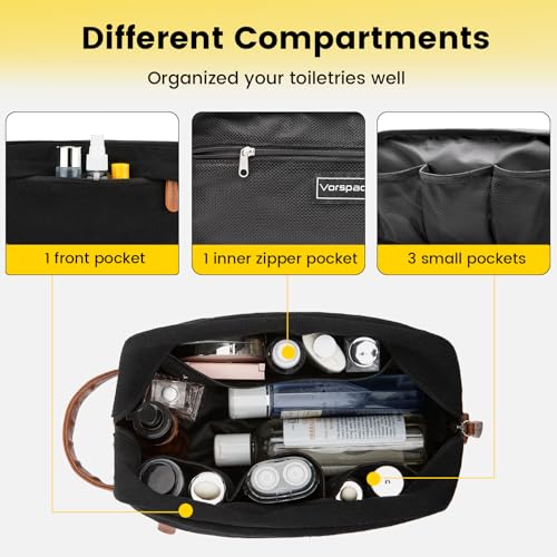 Vorspack Toiletry Bag Hanging Dopp Kit for Men Water Resistant Canvas Shaving Bag with Large Capacity for Travel- Black