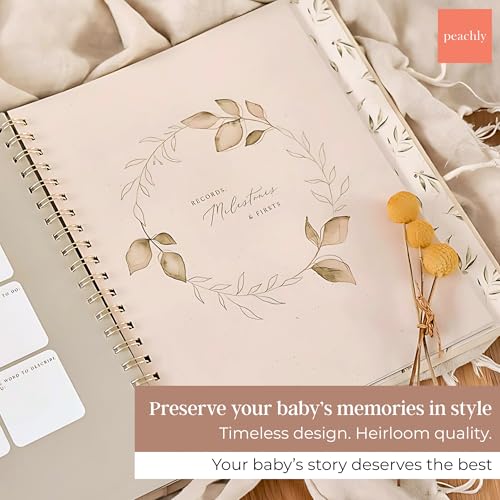 Peachly Unisex Baby Memory Book | Minimalist Baby First Year Keepsake for Milestones | Baby Books First Year Memory Book | Simple Baby Scrapbook for Boy Girl Milestones | Natural Linen - Olive