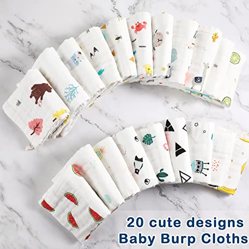 20 Pack Muslin Baby Burp Cloths Large 20 x 10 Inches Cotton Baby Burp Rags Towel and Washcloths Face Towels 6 Layers Super Absorbent for Infant Shower,20 Styles