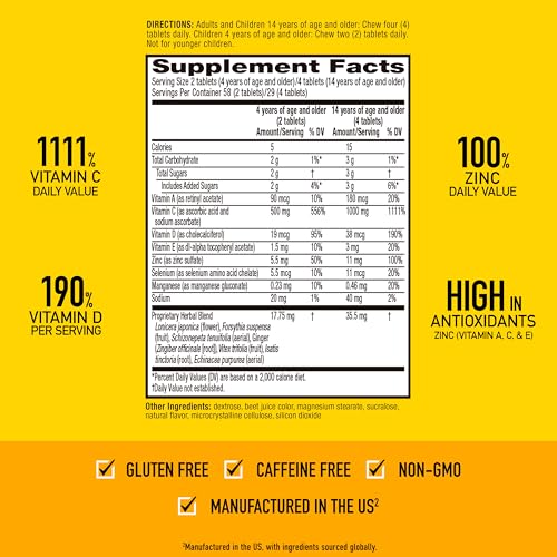 Airborne 1000mg Vitamin C with Vitamin D & Zinc, Multivitamin Immune Support Supplement, Antioxidants Vitamins A C & Vitamin E, 116 Chewable Tablets, Very Berry Flavor