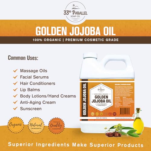 33rd PARALLEL | Golden Jojoba Oil (8 oz) Cold Pressed & Unrefined; Non-GMO; 100% Pure & Natural Hexane Free | Moisturizing Oil for Skin, Face, Hair & Nails | 8 FL OZ
