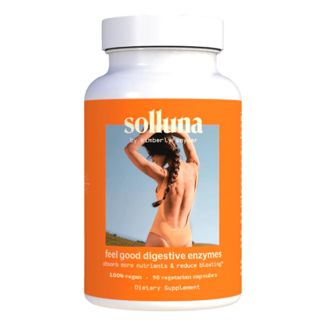 Solluna by Kimberly Snyder Feel Good Digestive Enzymes — Lipase, Amylase, Protease, Alpha-Galactosidase, Cellulase for Digestive Health, Nutrient Absorption, Gas and Bloating (90CT) Vegan & Non-GMO
