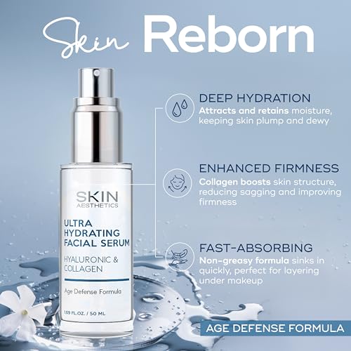 Skin Aesthetics Hyaluronic Acid & Collagen Face Serum - Anti-Aging, Hydrating, Fine Lines, Wrinkles & Acne Scar Treatment - Dermatologist Tested Korean Skincare - Clean Beauty, Cruelty-Free - 1.69 oz