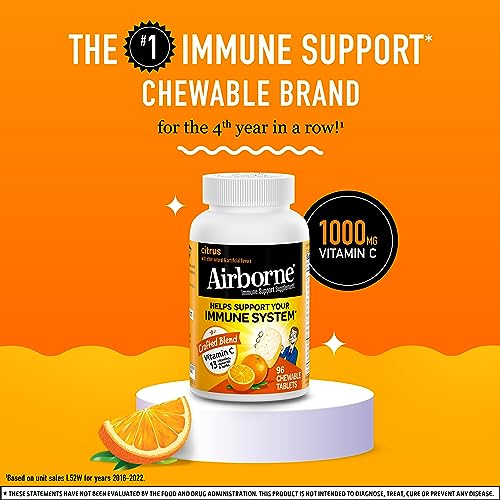 Airborne 1000mg Vitamin C Chewable Tablets with Zinc, Immune Support Supplement with Powerful Antioxidants Vitamins A C & E - 96 Chewable Tablets, Citrus Flavor