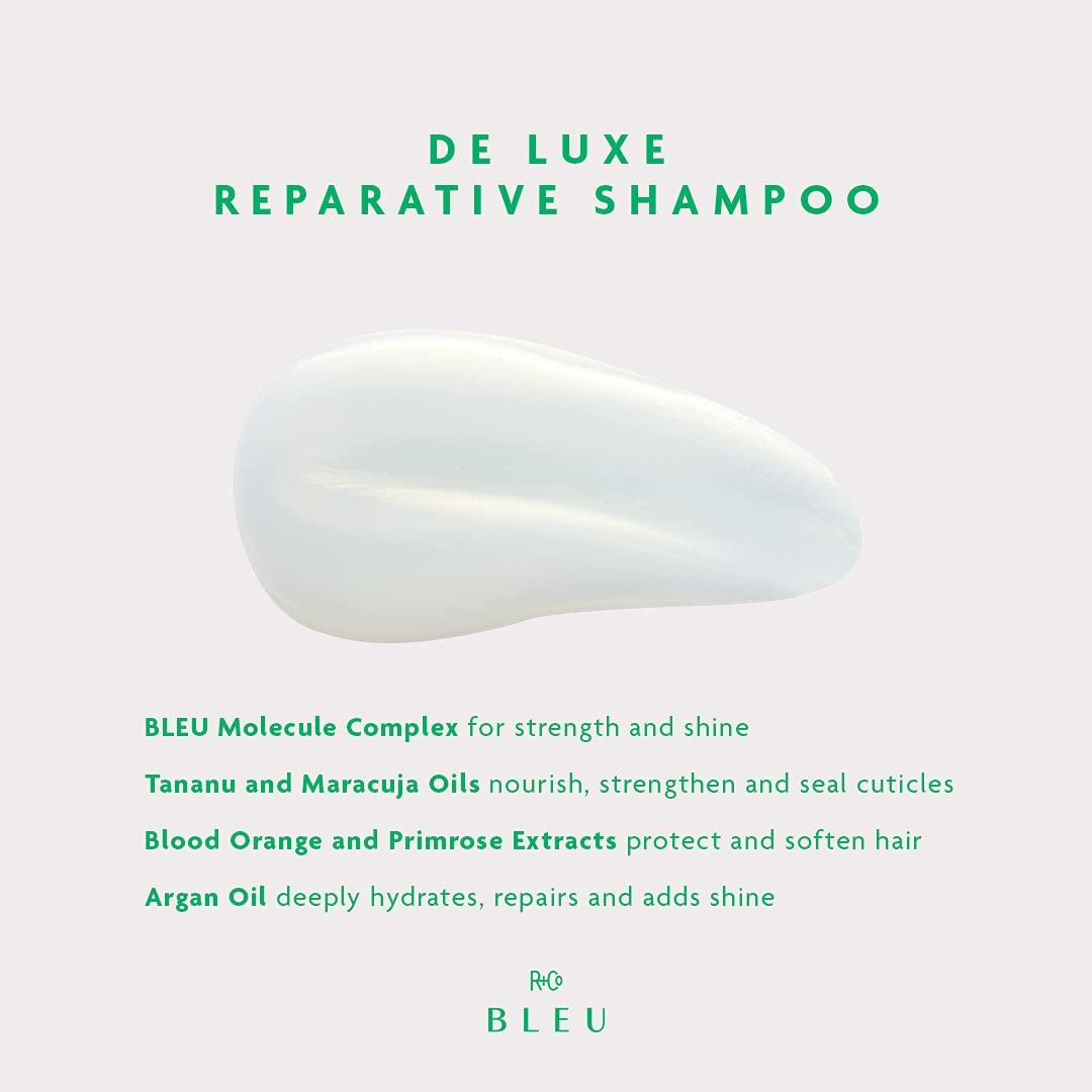 R+Co BLEU De Luxe Reparative Shampoo – Hydrates, Strengthens, Adds Shine, Repairs Coarse, Fragile, or Damaged Hair, Seals Cuticles, Improves Texture and Elasticity, Vegan, 8.5 oz