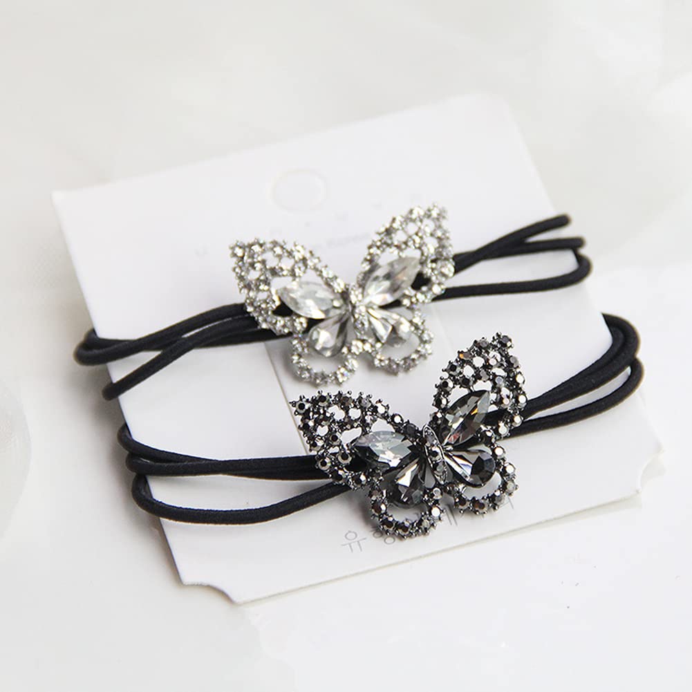 Xiwstar 2Pcs Elegant Women Girls Hair Scrunchies Crystal Rhinestone Butterfly Hair Ties Bands Accessories Ponytail Holder
