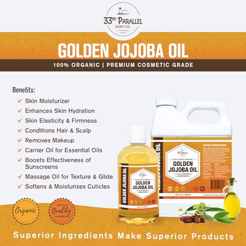 33rd PARALLEL | Golden Jojoba Oil (8 oz) Cold Pressed & Unrefined; Non-GMO; 100% Pure & Natural Hexane Free | Moisturizing Oil for Skin, Face, Hair & Nails | 8 FL OZ