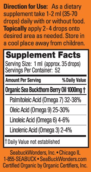 SeabuckWonders Sea Buckthorn Berry Oil, 100% Certified Organic, 1.76 FL OZ Bottle