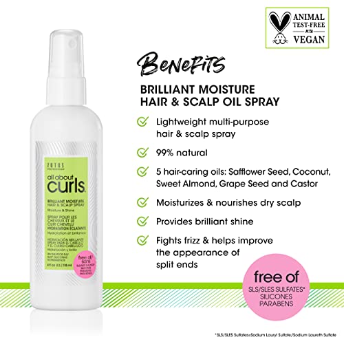 ALL ABOUT CURLS Moisture Hair & Scalp Spray Oil | Moisturize, Nourish, De-Frizz | 99% Natural | All Curly Hair Types | Vegan & Cruelty Free | Sulfate Free | 4 Fl Oz