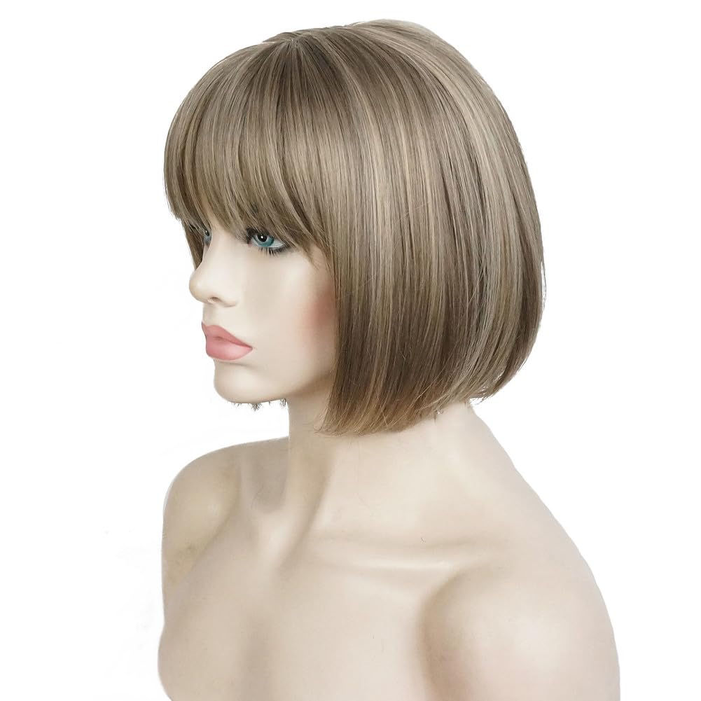 Aimole Short Bob Straight Wig with Cute Flat Bangs Synthetic Hair with Skin Top