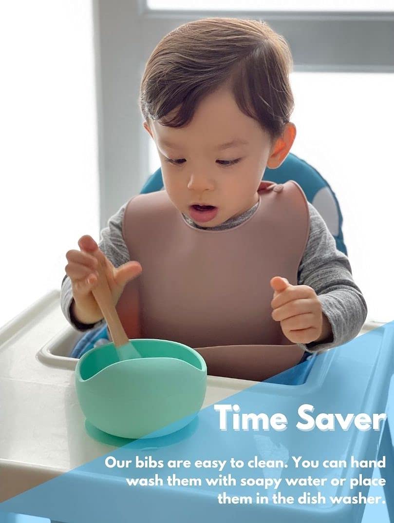 The Happy Stork Silicone Baby Bib with Food Catcher, Adjustable Fit Waterproof, Silicone Bibs for Girl, Boy, Infant and Toddlers Ages 6 to 36 Months
