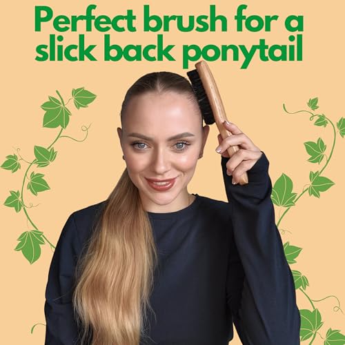 GranNaturals Boar Bristle Slick Back Hair Brush - Soft/Medium Smoothing Hairbrush to Style, Polish, & Lay Hair Down Flat to Create a Sleek Frizz Free Hairstyle for Women and Men - Wooden Handle