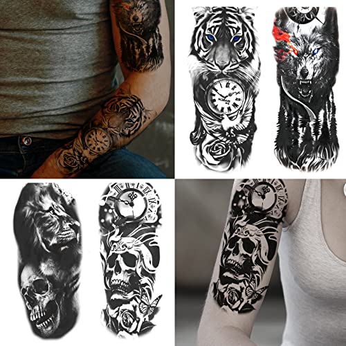 JEEFONNA 82 Sheets Temporary Tattoo for Men Women Adults, Include 12 Sheets Black 3D Half Sleeve Temporary Tattoos, Halloween Tattoos Scary Lion Wolf Tiger Skull Skeleton Tattoos Stickers