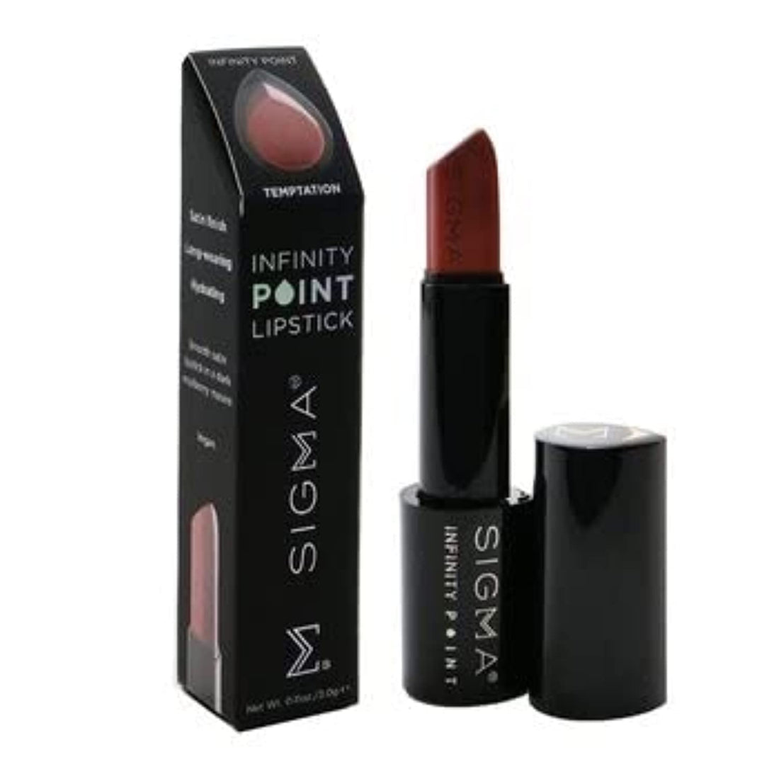 Sigma Beauty Infinity Point Longwear Satin Finish Lipstick for Great Lip Color Makeup, Temptation