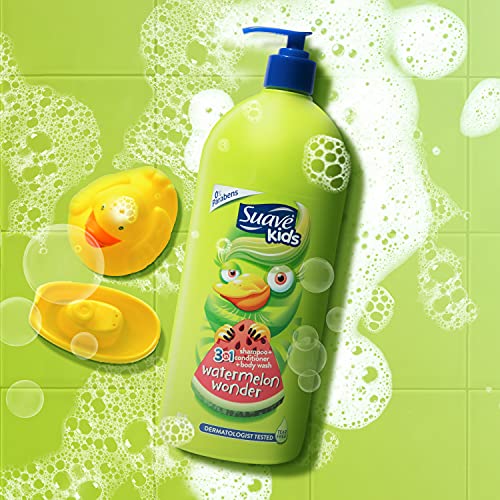Suave Kids 3 in 1 Shampoo Conditioner Body Wash For Tear-Free Bath Time, Watermelon Wonder, Dermatologist-Tested Kids Shampoo 3 in 1 Formula 40 oz