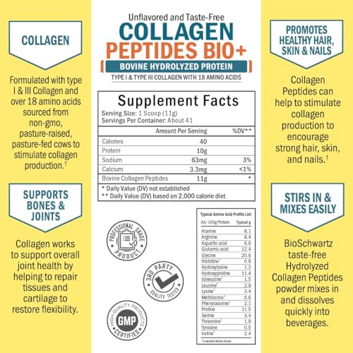 Collagen Peptides Powder - Grass Fed, Pasture Raised with Aminos - Promotes Healthy Skin Hair & Nails – Bone & Joint Support - Hydrolyzed, Unflavored, Non GMO, Gluten Free - Easy to Mix -16 oz