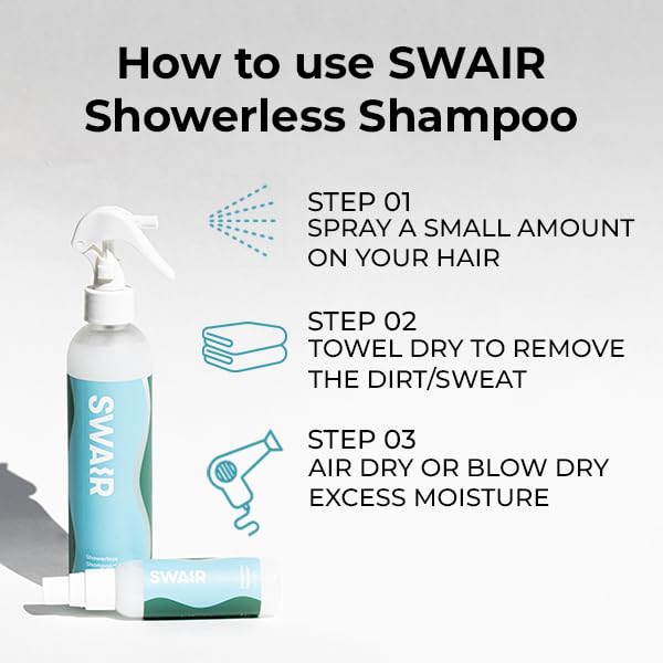 SWAIR Showerless Shampoo Travel Size - Rinse Free - Clean Ingredients - Perfect for Gym Bag or Carry-On (2 Pack)
