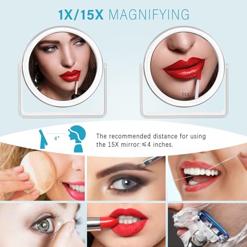 MKUMIR 15X Magnifying Makeup Mirror for Desk Double Sided 1X/15X Desk Mirror,Portable Table Small Standing Magnifying Mirror for Cosmetic, Transparent, MKT69Z