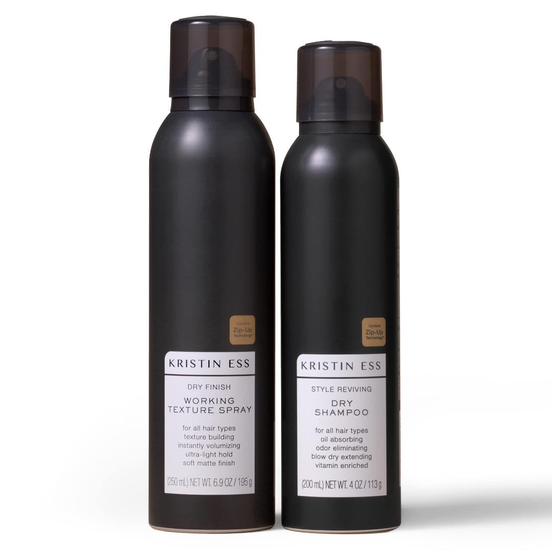 Kristin Ess Hair Dry Styling Set - Vitamin C Dry Shampoo Powder Spray + Light Hold Texturizing Spray - Volumizing + Oil Absorbing + Shine Enhancing for Dark, Brunette + Blonde Hair - Sulfate Free