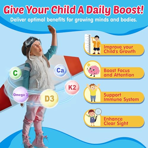 Kids Omega 3 Gummies with Calcium, Vitamin D3 & K2, C, Omega-3 DHA Gummies - Focus and Memory, Bone Growth & Immune Support, Kids Omega 3 Supplement - No Fish Taste, Non-GMO, Chewable, 2 Pack