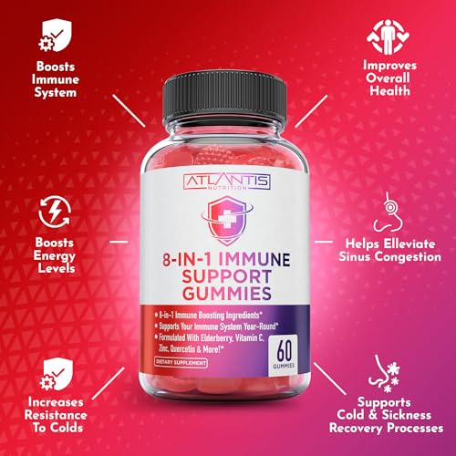 Atlantis Nutrition 8-in-1 Immune Support Gummies with Elderberry | Immune Supplement with Elderberry, Quercetin, Zinc, Vitamin C - Immunity Boosters for Adults & Kids - Delicious Flavor - 60 Count
