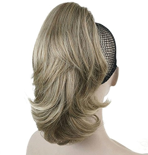 Lydell 12 Dual Use Straight Curly Styled Clip In Claw Ponytail Hair Extension Synthetic Hairpiece 125g with a jaw/claw clip (AB16-613 Dark Blonde with Highlights)