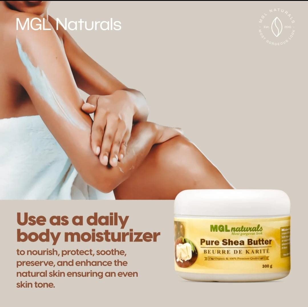 MGL Naturals Unrefined African Shea Butter Ivory whipped, 100% Raw, Organic | Apple and honeysuckle scented. Moisturizing body and hair butter from Ghana. 11 oz / 300g