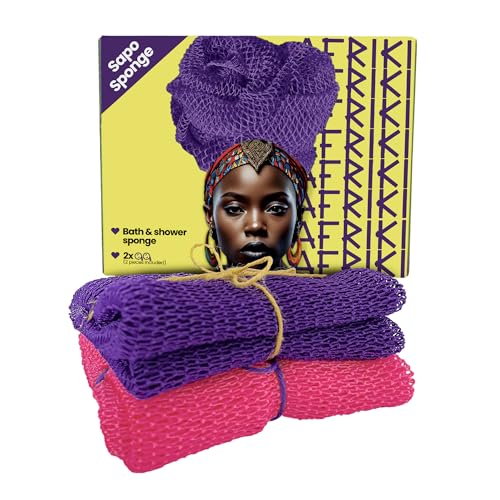 AFRIKI African Net Sponge, African Exfoliating Sponge, Black Owned, Exfoliating Washcloth, Body Exfoliator for Bath and Shower, Back Scrubber, Dead Skin Remover (Yellow, Purple, 1 Count (Pack of 2))