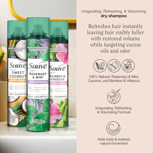 Suave Dry Shampoo Spray Variety 3-Pack – Invigorating Rosemary & Mint, Volumizing Bamboo & Hibiscus + Refreshing Sweet Coconut, 4.3 Oz Ea