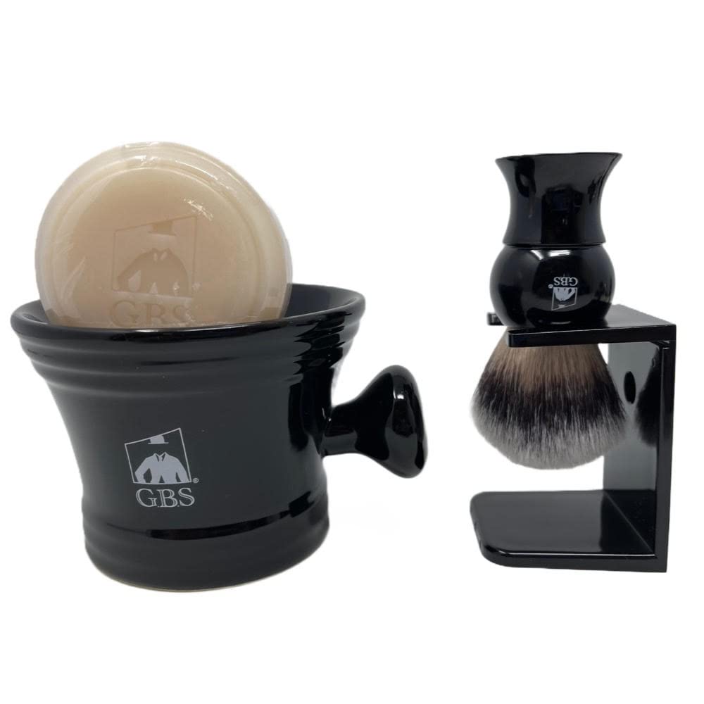 Men's Grooming Set with Shaving Mug with Knob Handle, 100% Synthetic 3rd generation Brush, Brush Stand and 97% All Natural Gbs Ocean Driftwood Shave Soap