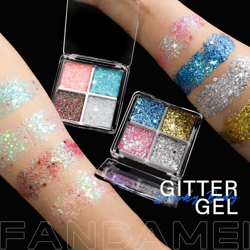 FANDAMEI Face Glitter, Body Glitter for Women, 2 Glitter Palette 8 Colors Glitter Gel for Face, Hair Glitter & Face Glitter for Kids, Fairy Rave Mermaid Glitter Makeup, Glitter for Face, Face Sparkles