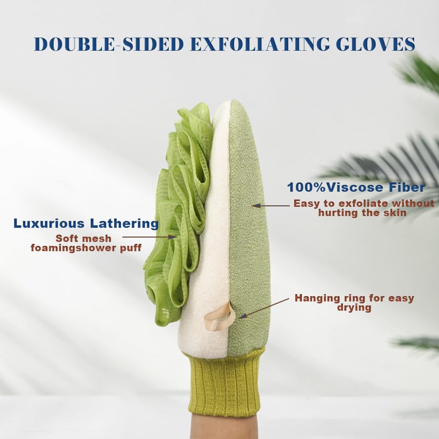Deep Exfoliating Glove for Shower, Double-Sided Exfoliating Mitt,Massage Body Scrub Gloves for Home Spa, Eco Friendly loofah Sponge, Dead Skin Remover & Body Scrubber Exfoliator (Green)