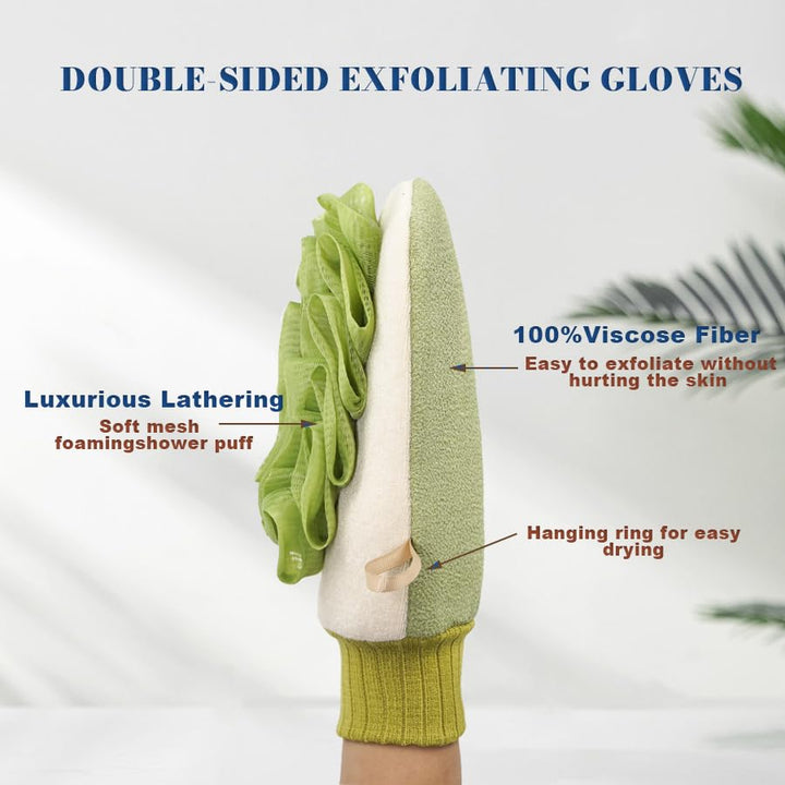 Deep Exfoliating Glove for Shower, Double-Sided Exfoliating Mitt,Massage Body Scrub Gloves for Home Spa, Eco Friendly loofah Sponge, Dead Skin Remover & Body Scrubber Exfoliator (Green)