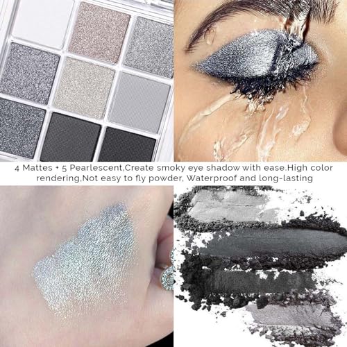 evpct 9 Colors Black Smokey Grey Gray Silver Glitter Shimmer Eye Shadow Makeup Palette Pigmented Black Matte Metallic Eyeshadow Makeup Palette sombra negra para ojos para ojos brillantes