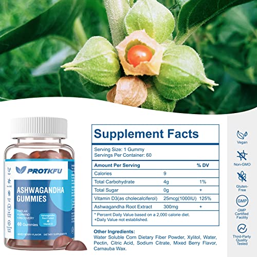 ProTKFU 2 Pack Ashwagandha Gummies & Vitamin D3 Gummies Organic Aswangdha Supplement for Improve Sleep, Stress Relief & Mood Calm (Non-GMO, Gluten-Free & Sugar Free)