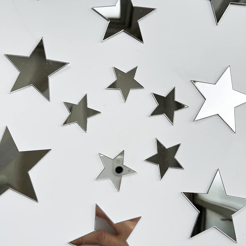 40Pcs Silver Stars Acrylic Mirror Wall Stickers with Adhesive Art Decal Satin Paper Baby Kids Bedroom Home DIY Decor Removable Stickers (Silver Stars)