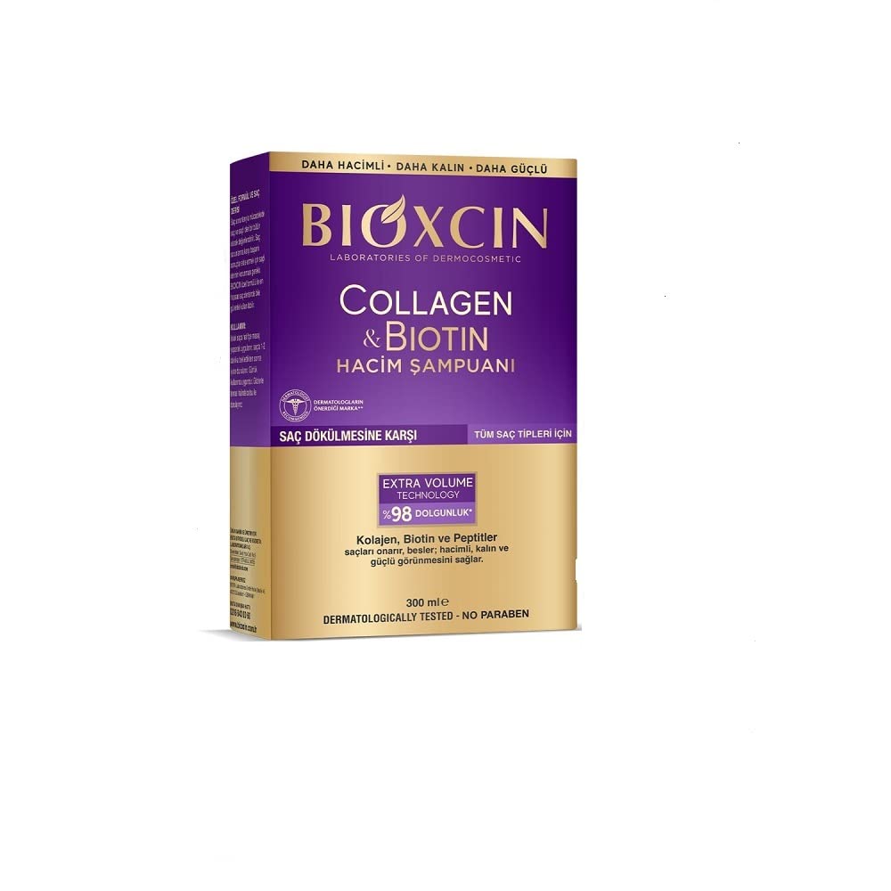 All Hair Types Bioxsine Bioxcin Collagen & Biotin Extra Volume & Plump Bigger, Stronger, Thicker Shampoo 300 Ml - 10.14 fl oz